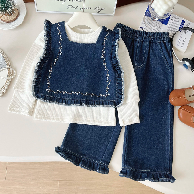Uşaq üçün 3 hissəli denim kostyum, yazlıq uzun şalvar dəsti