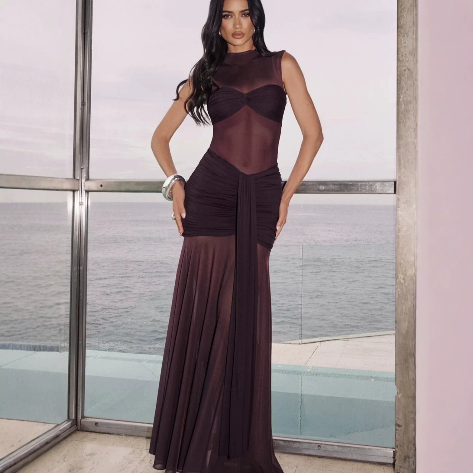 Elegant Bodycon Dress For Women Sexy Sheer Long Dress With Pleated Patchwork Slim Fit High Neck American Style_ecoleips.com
