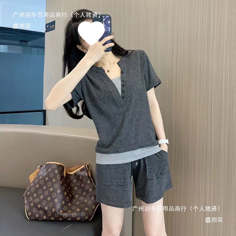 Летний тонкий свободный костюм из клейкого риса, повседневный, эластичный, в стиле «ленивый», утягивающий, с короткими рукавами, двухкомпонентный комплект.