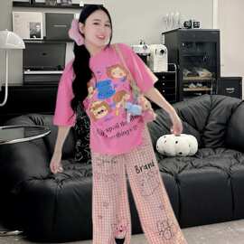 韩系卡通女孩印花套装女短袖t恤宽松上衣休闲长裤两件套wholesale