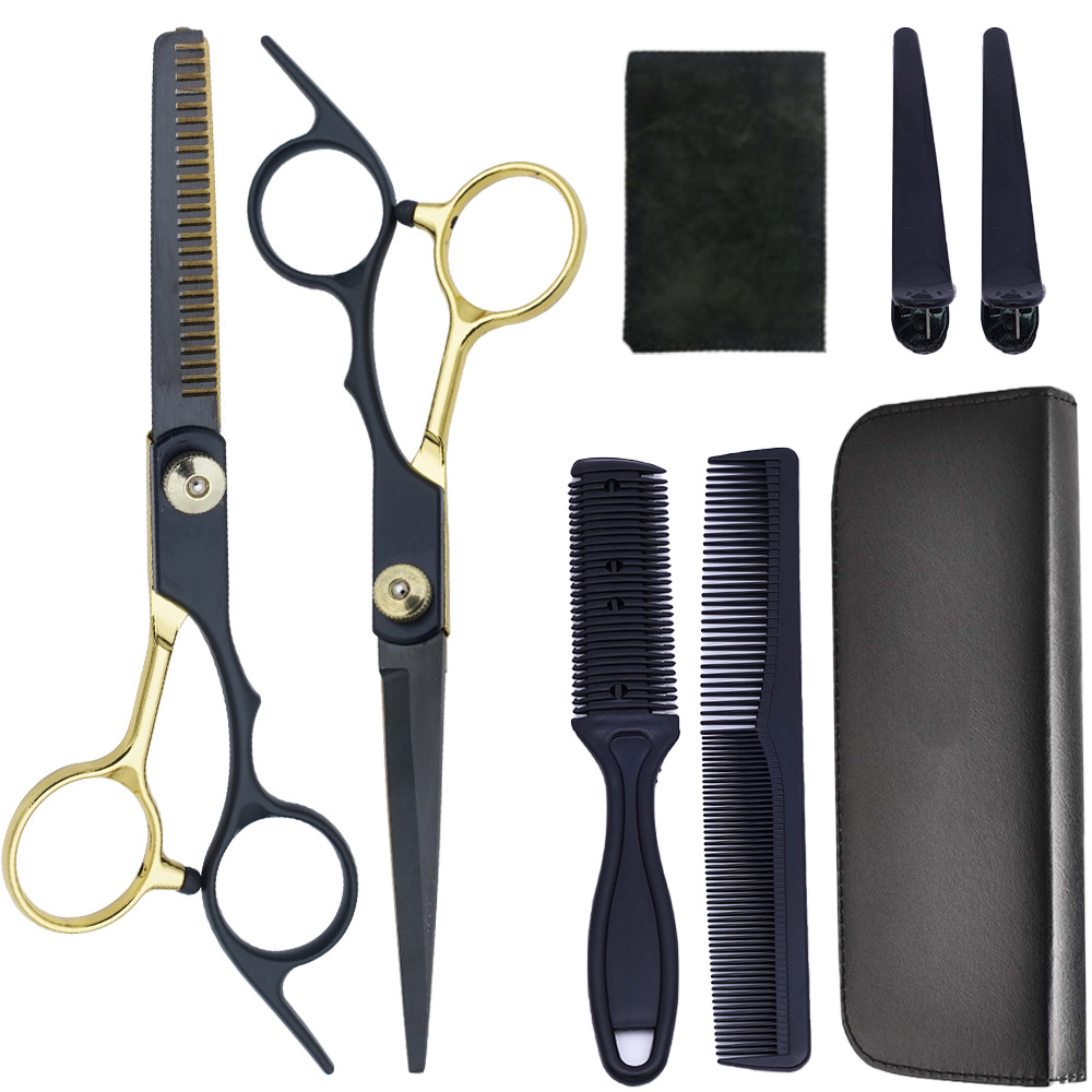 Fabricante al por mayor tijeras de corte de cabello transfronterizo Amazon negro dorado plano tijeras de dientes con flequillo fino tijeras divididas juego de tijeras de cabello
