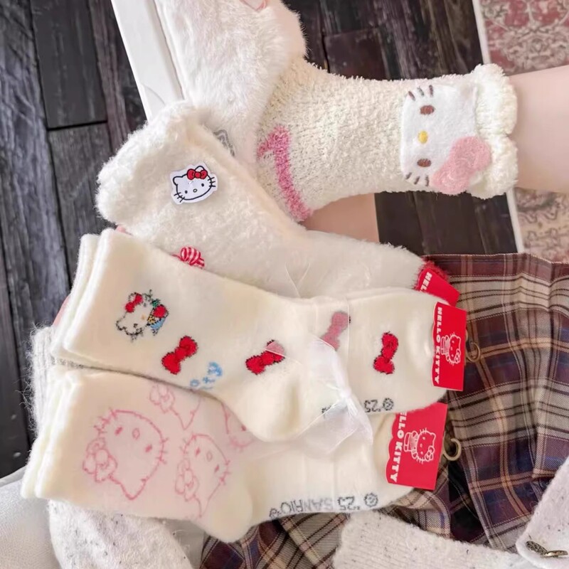Hello Kitty Socks Warm Plush Cool Autumn and Winter Socks Thickeneded Home Floor Socks Sleep Socks Women's Foot Warmers