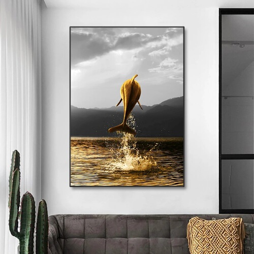 Light luxury modern high-definition home decoration painting triple golden sea dolphin sailboat oil painting spray painting cross-border supply