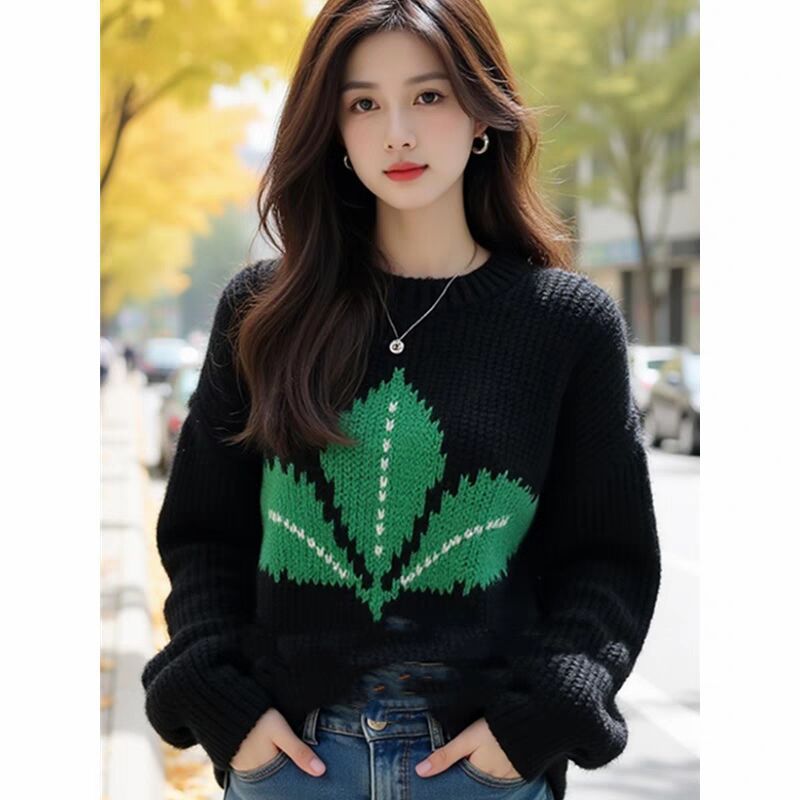 圆领秋冬针织套头女士秋冬新款洋气百搭毛衣休闲宽松保暖针织