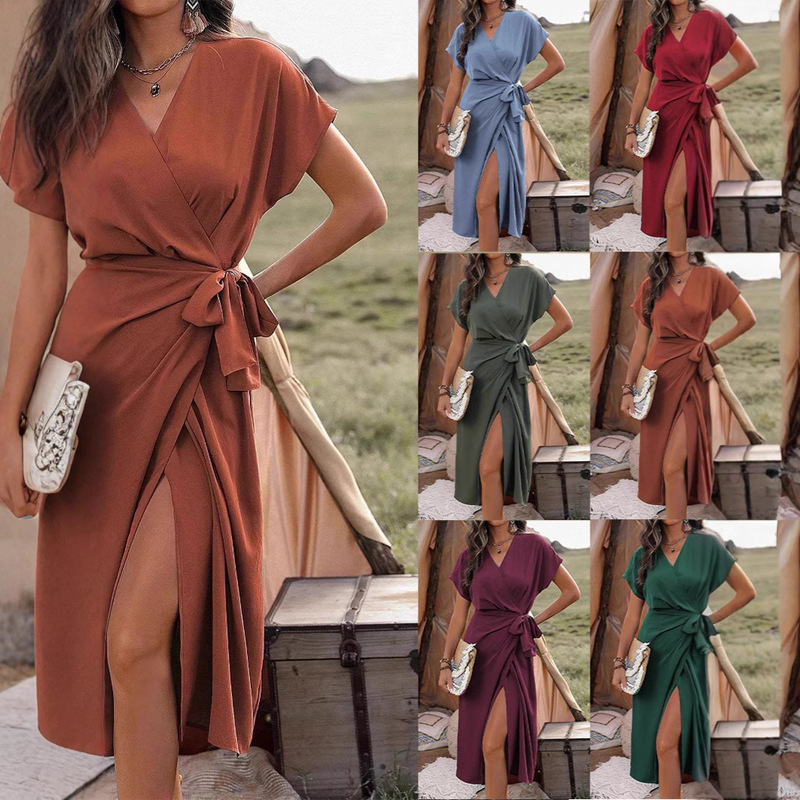2025 Summer New Dress Amazon Commuting Fashion Forged Slit Women's Solid Color Wrap Tie Skirt