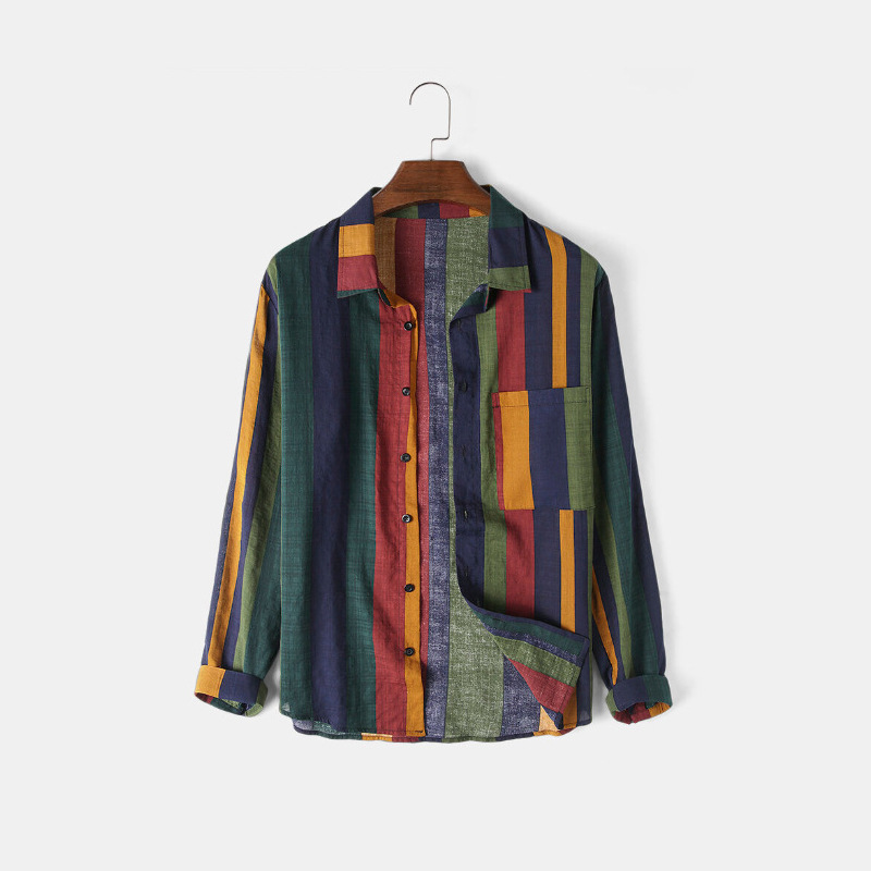 Amazon Cross-Border Spring and Summer New Men's Casual Shirt with Colorful Stripes, Long-Sleeve, Turn-Down Collar, Casual Style
