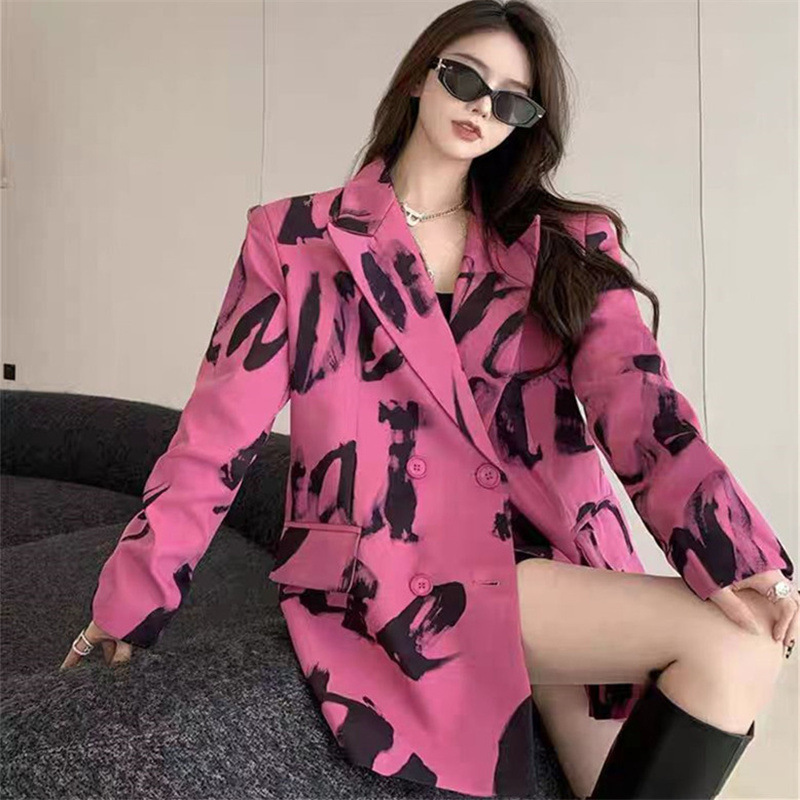 Pink Abstract Print Suit 2026 Spring and Autumn New Hong Kong Style Jacket Loose Casual Stylish Fashion Suit Top