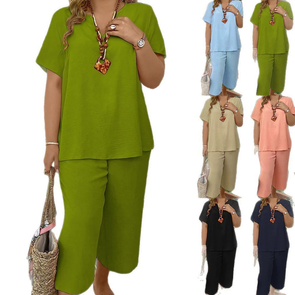 Женская одежда больших размеров Amazon: элегантные и модные однотонные топы с V-образным вырезом и короткими рукавами, а также широкие брюки — комплект из 2 предметов для весны, лета и осени.