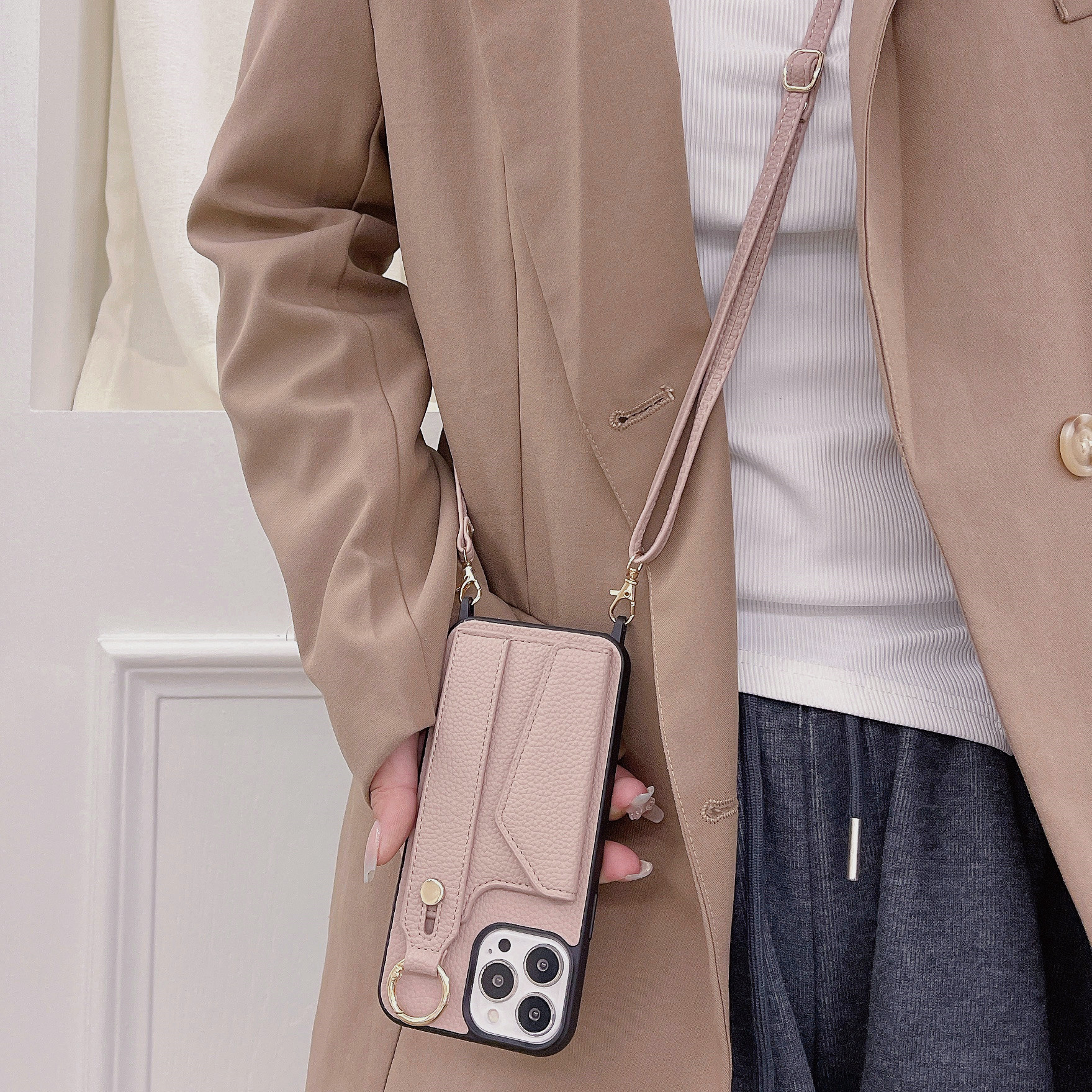 TechGlobe Suitable For IPhone 17 Pro Max Wrist Phone 12/13 Crossbody Shoulder Strap Card Slot Protective Leather Case_voghion.com