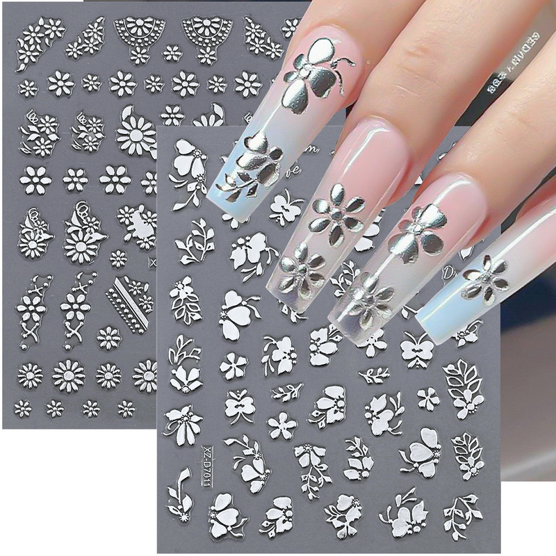 12 Pieces of Silver Contrasting Nail Art Stickers with Lines, Stars, Moon, Flowers, Hearts, Bows, Silver-Backed Nail Art Stickers