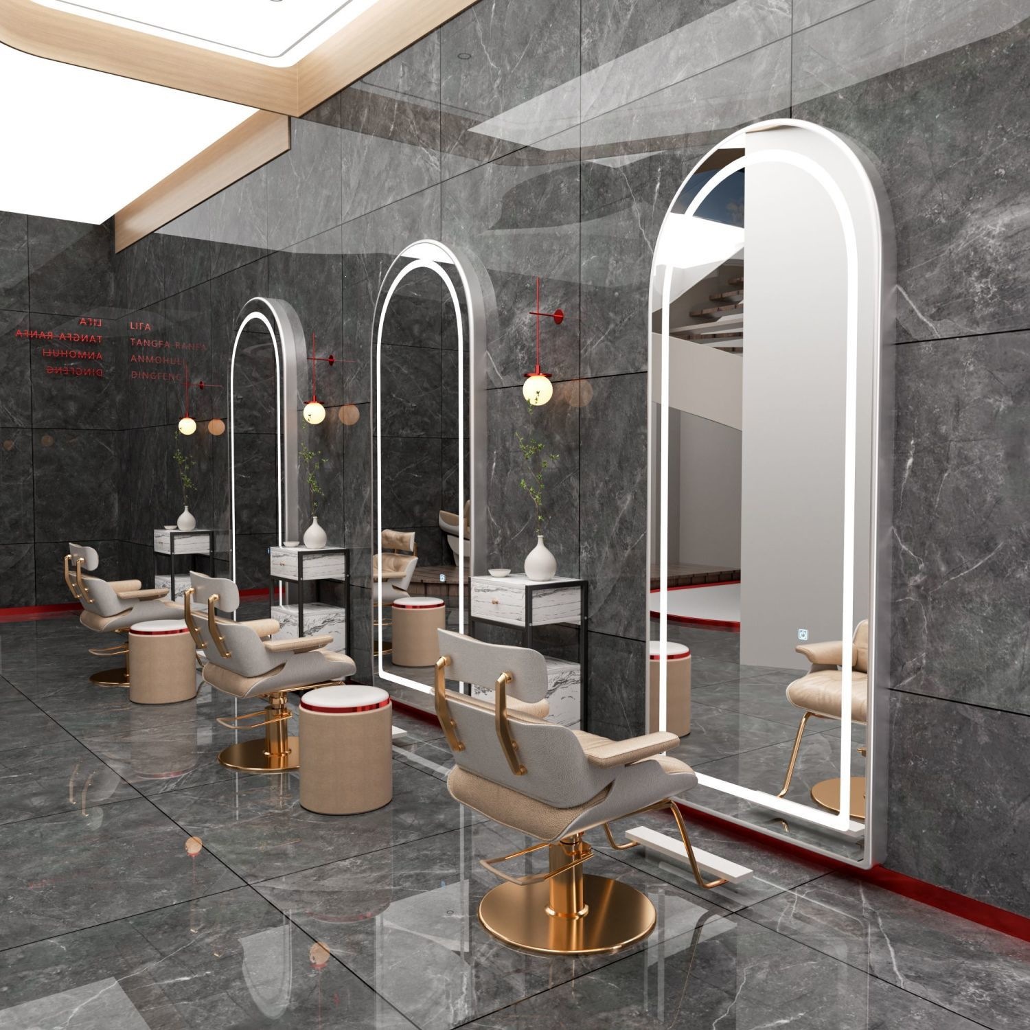 Barbería espejo salón especial barbería escaldar y teñir espejo con lámpara LED elíptica pared colgante suelo espejo de corte de pelo de lujo ligero