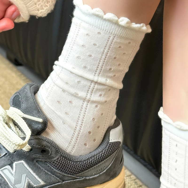 Solid Color Versatile Hollow Mesh Rolled Edge Mid-Tube Spring and Summer Breathable Heart-Shaped Floral Lace Edge Simple Ins Style Slouch Socks Solid Color Versatile Hollow Mesh Rolled Edge Mid-Tube Spring and Summer Breathable Heart-Shaped Floral Lace Edge Simple Ins Style Slouch Socks