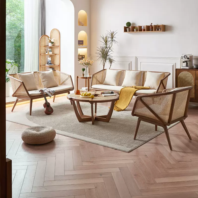 侘寂风实木藤编沙发组合复古客厅白蜡木休闲藤椅三人小户型民宿
