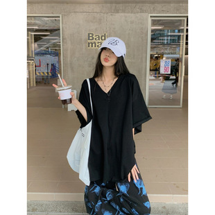 Black Casual Loose T-shirt Women's Lazy Style suit Summer Halo Printed Wide-leg Pants Straight Pants Two-piece Set