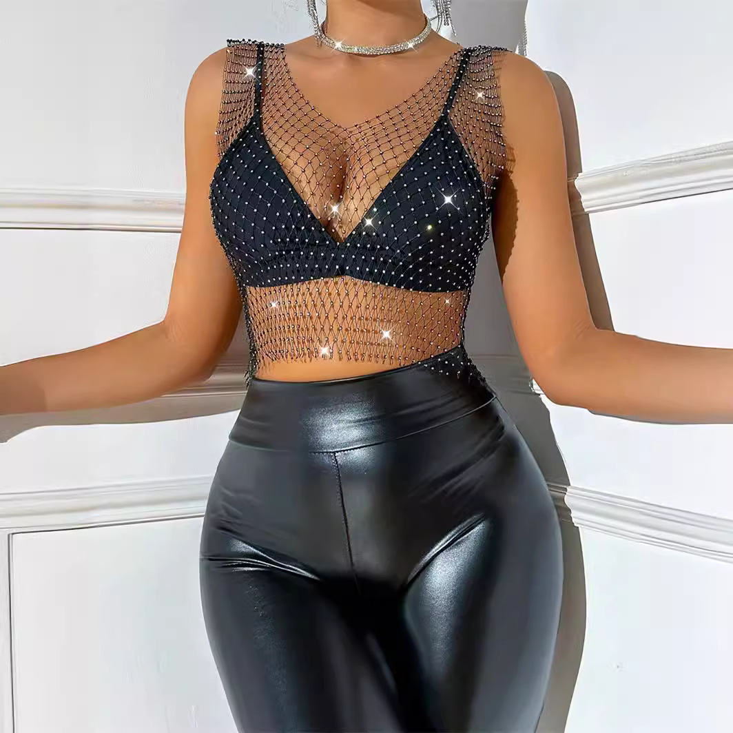 2026 Cross-Border Best-Selling Amazon Hot-Selling Mesh Rhinestone Vest Sexy Hollow-Out Nightclub Party Women's Top