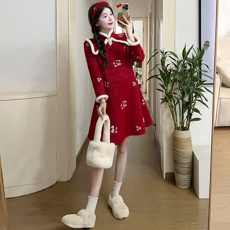 임산부 드레스 가을 겨울 신상품 중국식 붉은 치파오 플러스 벨벳 두꺼운 드레스 복고풍 외출복