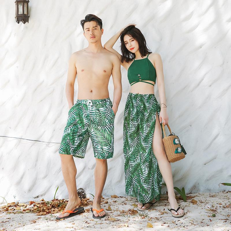 2020 couple swimsuit women's split three-piece suit belly-covering slimming pantskirt conservative boxer vacation swimsuit men's beach pants