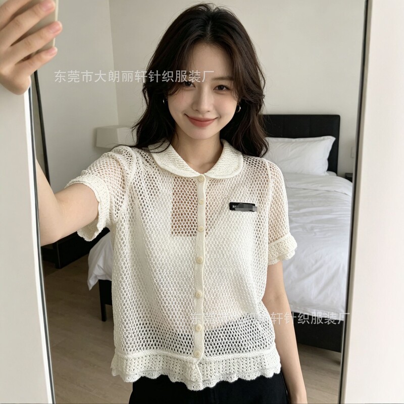Miu White New Fashion Transparent Lapel Hollow-Out Short-Sleeve Knit Cardigan for Women, Slim and Stylish Short Top