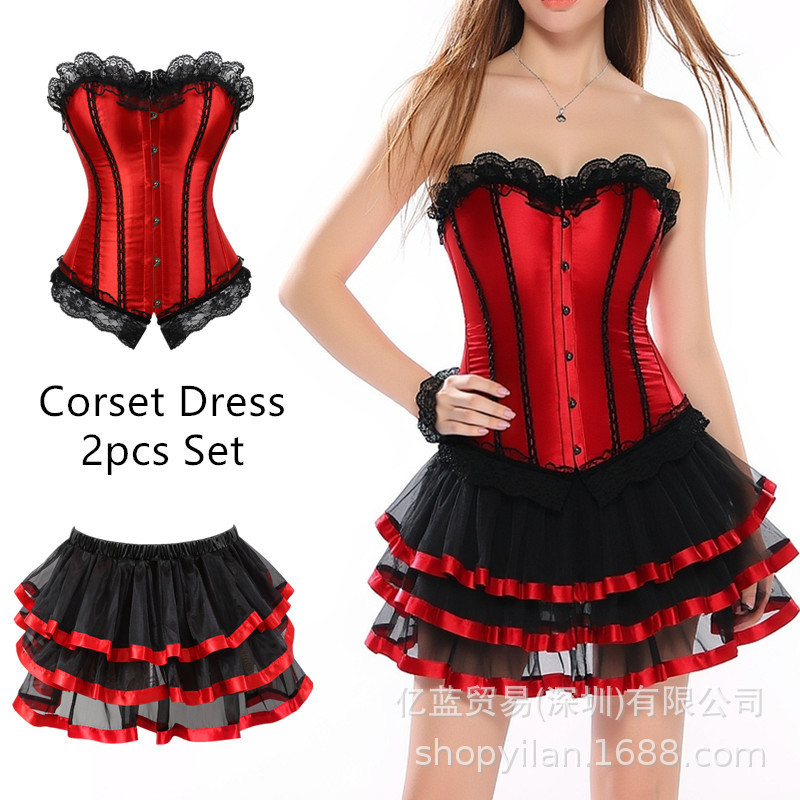 Black and Red Lace Contrasting Color Palace Corset Holiday Popular Red Sexy Body Shaping Corset Short Skirt Split Suit