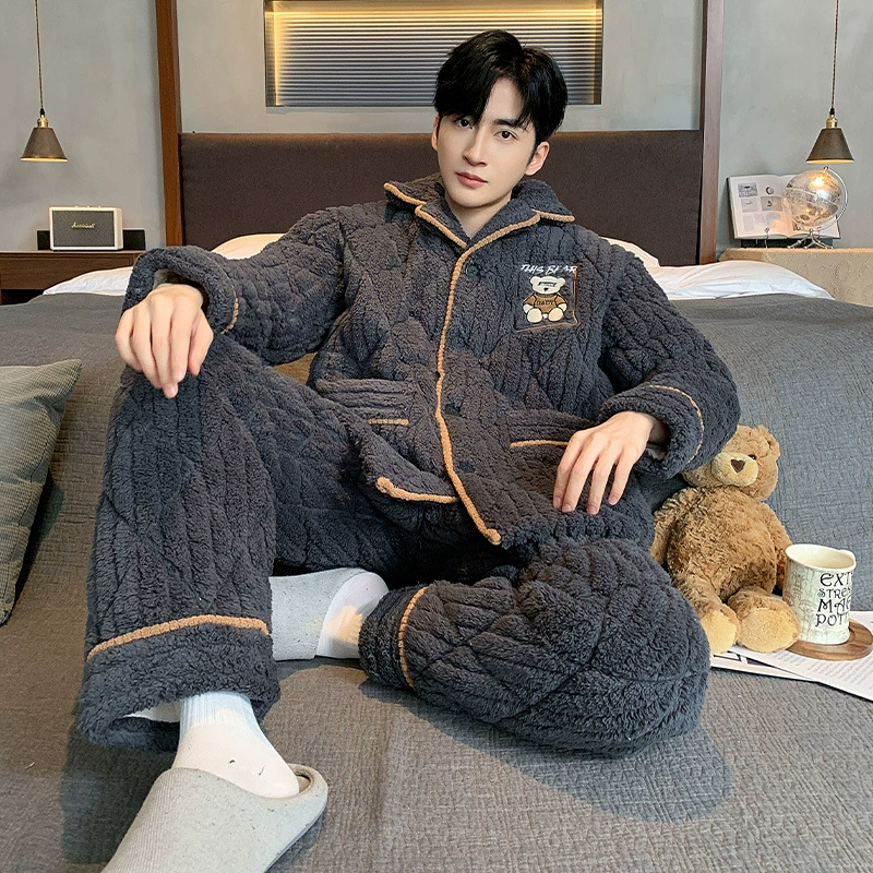 Трехслойная хлопчатобумажная пижама мужская осень-зима теплая коралловая бархатная утолщение 2024 новая молодежная домашняя одежда