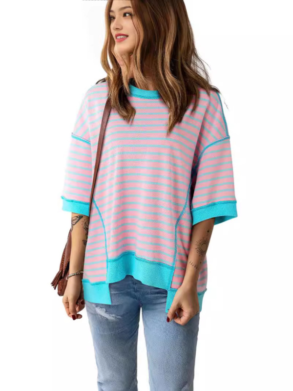 時穎の夏の新型のストライプは色の半袖のtシャツの女性の2024欧米のカジュアルでゆったりしているoversizeのプルオーバーをつづり合わせます。|undefined