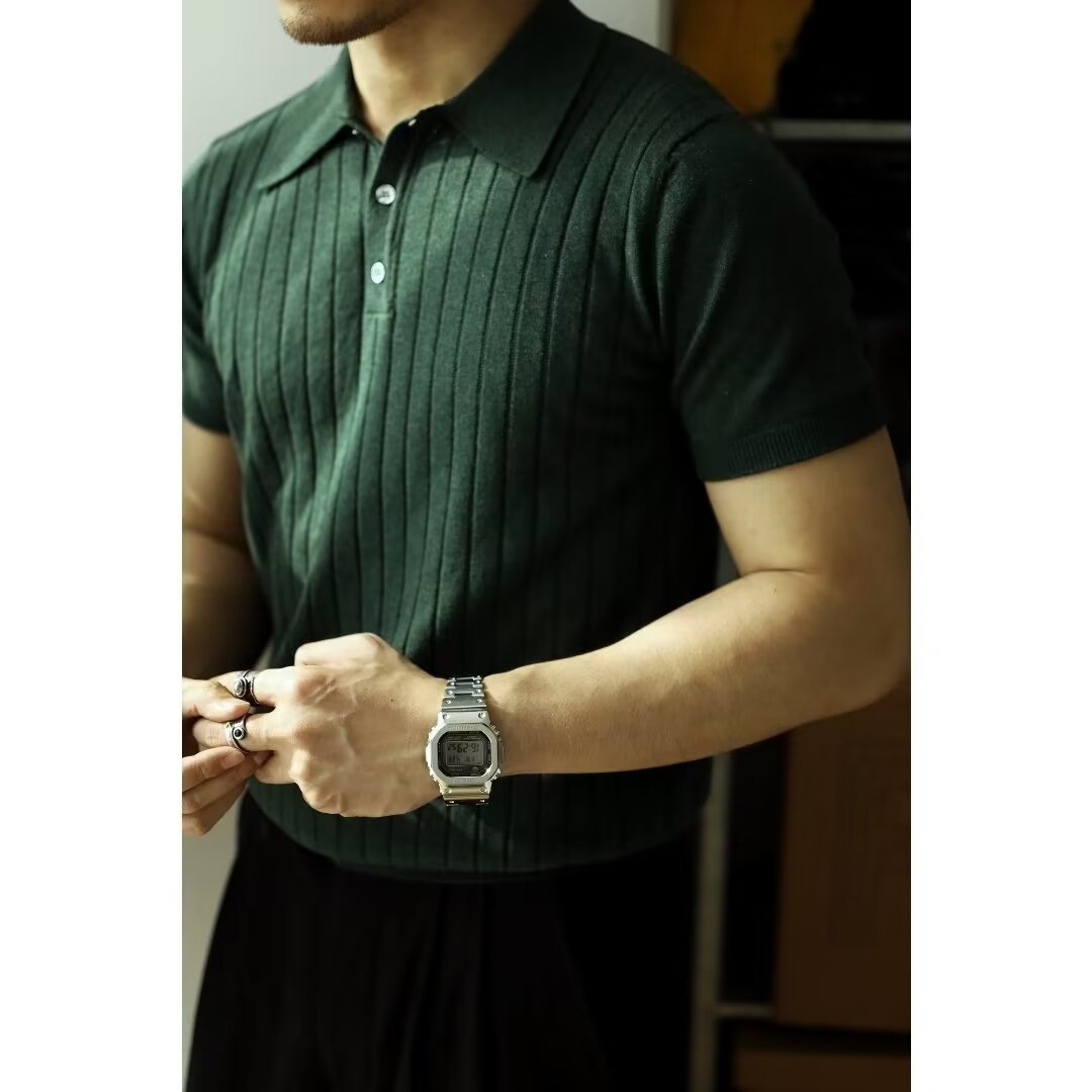 Camisa POLO, solapa, suéter de manga corta, camiseta de negocios británica a rayas para hombres, marea de seda de hielo de verano, comercio exterior transfronterizo al por mayor