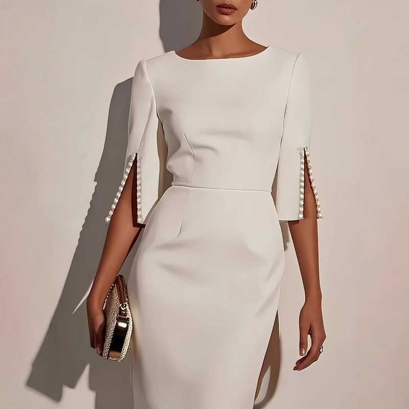 Amazon Cross-Border Women's European and American White Imitation Pearl Classic Round Neck Half-Sleeved Slim Mid-Length Elegant Dress