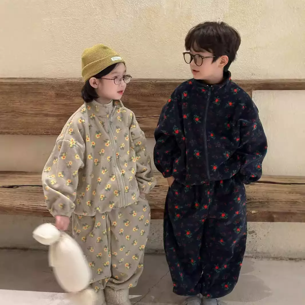 童套装2025冬款男童女童韩版满印拉链套装儿童加厚长袖长裤两件套