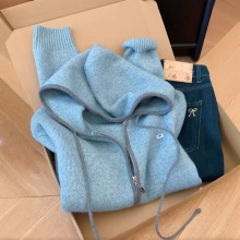 HUOTONG轻奢高端货~双拉链连帽针织开衫外套女秋冬新款宽松上衣