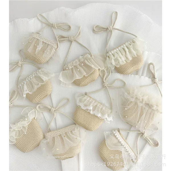 Super Fairy Mesh Pearl Straw Mini Cross-body Small Square Bag Girls' Summer Western Style Wear Sweet Lace Princess Bag