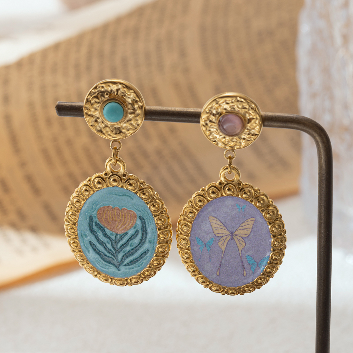 TENA europa y americana pendientes de acero inoxidable mujeres no decoloración versátil de goteo de aceite a mano flores de acero de titanio joyería pendientes