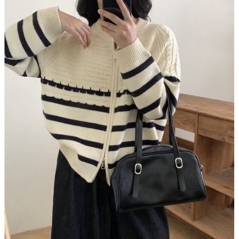 2025 otoño y invierno nuevo color contrastante rayas de doble cremallera cardigan de punto de mujer versión coreana universal suéter de manga corta larga suelta image 3