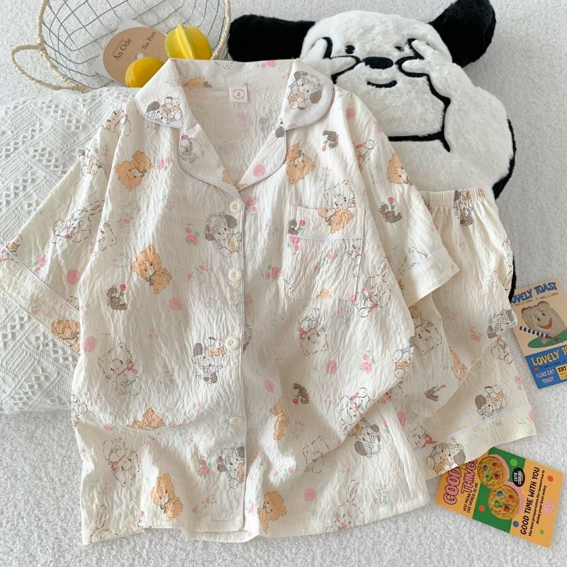 Pijama mujer nube algodón de manga corta pantalones cortos cardigan solapa de verano apertura en vivo dibujos animados transfronterizos dulce traje de servicio a domicilio