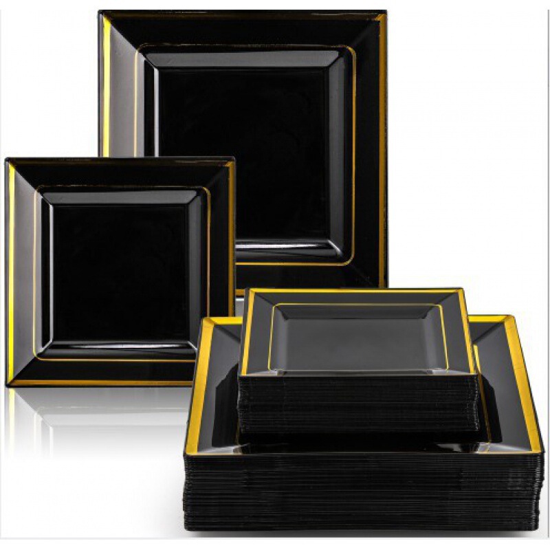 Cross-border 6.5/9 Inch PS Hard Plastic Dinner Plate Black Phnom Penh Square Plate Disposable Tableware White Plate European Party