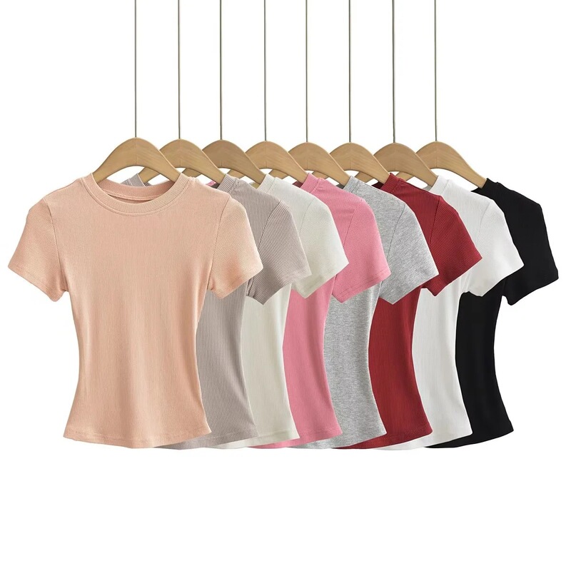 European and American Kardashian-Style Sexy Round-Neck Short-Sleeve T-Shirt for Women, 2026 Summer Skims Solid Color Basic Ribbed Top European and American Kardashian-Style Sexy Round-Neck Short-Sleeve T-Shirt for Women, 2026 Summer Skims Solid Color Basic Ribbed Top