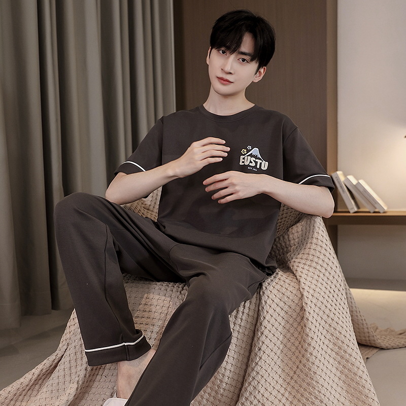 2024 여름 순면 반팔 잠옷 남성 세트 남성용 3부 길이 바지 캐주얼 한국 스타일 편안한 홈웨어