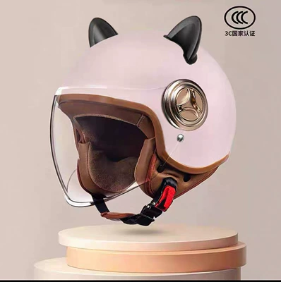 Motosiklet kaskı (dəbilqə), for Men and Women, Universal for - 801-new-national-standard-class-a-3c-certification-soft-mist-powder-long-mirror-black-rabbit-ears-free-size