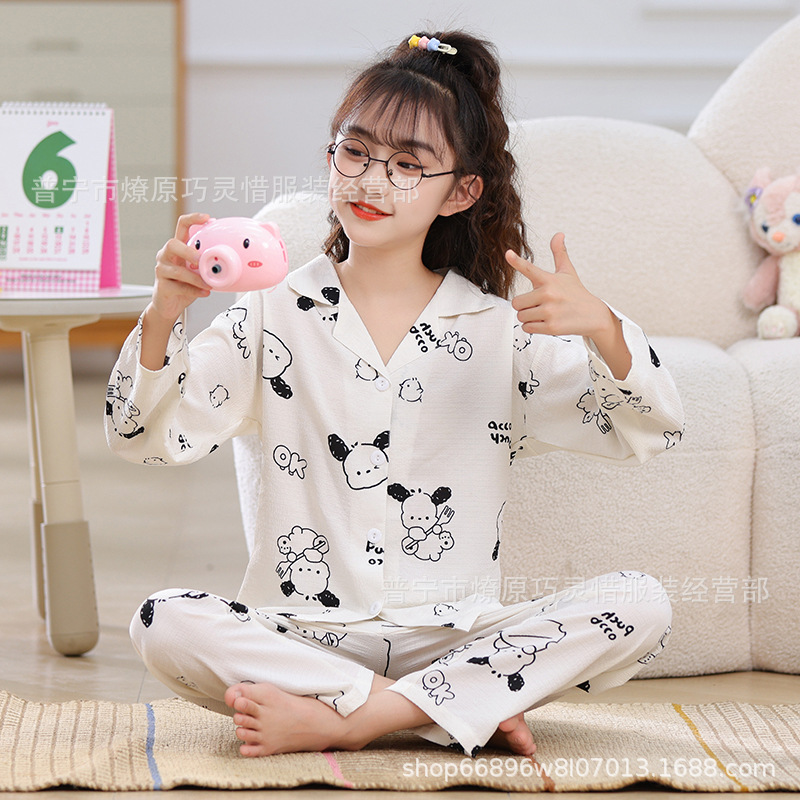 Pijama de niñas primavera y otoño dibujos animados tela espuma de tela delgada manga larga lindo ropa para niños de tamaño medio y grande ropa para el hogar