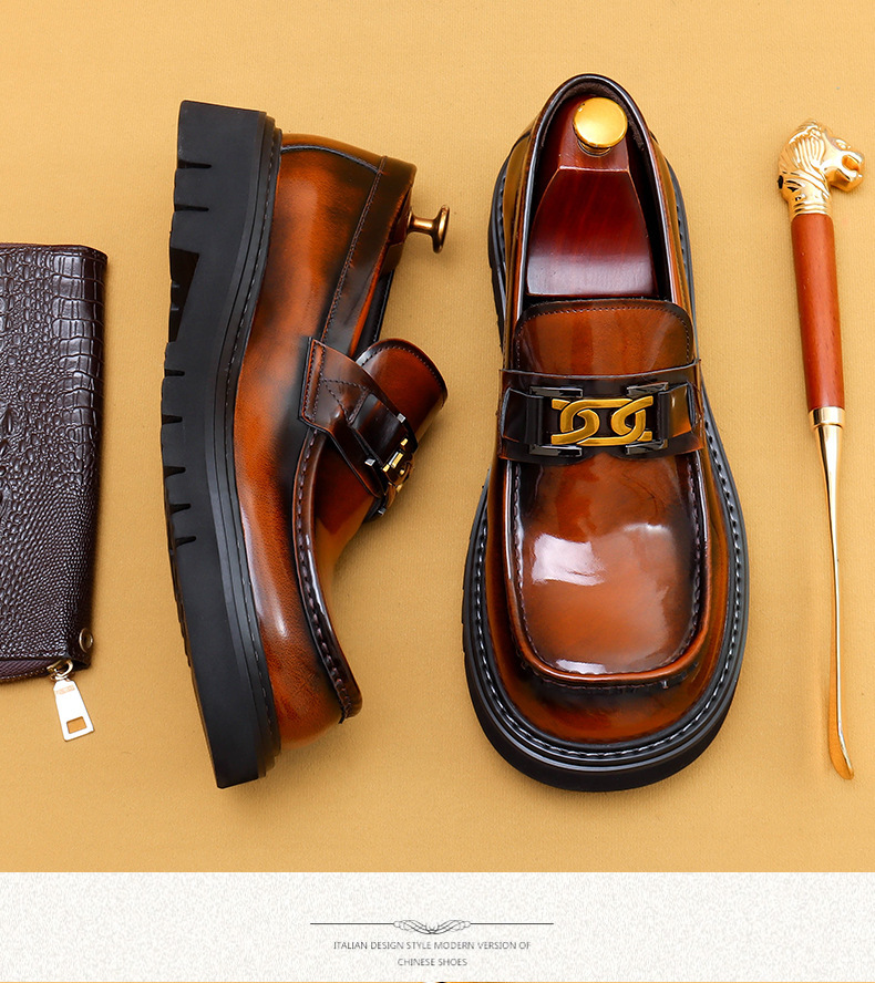 Foreign trade popular big toe leather shoes men's genuine leather glossy business casual fashion wide foot platform slip-on formal wear shoes_vogvips.com