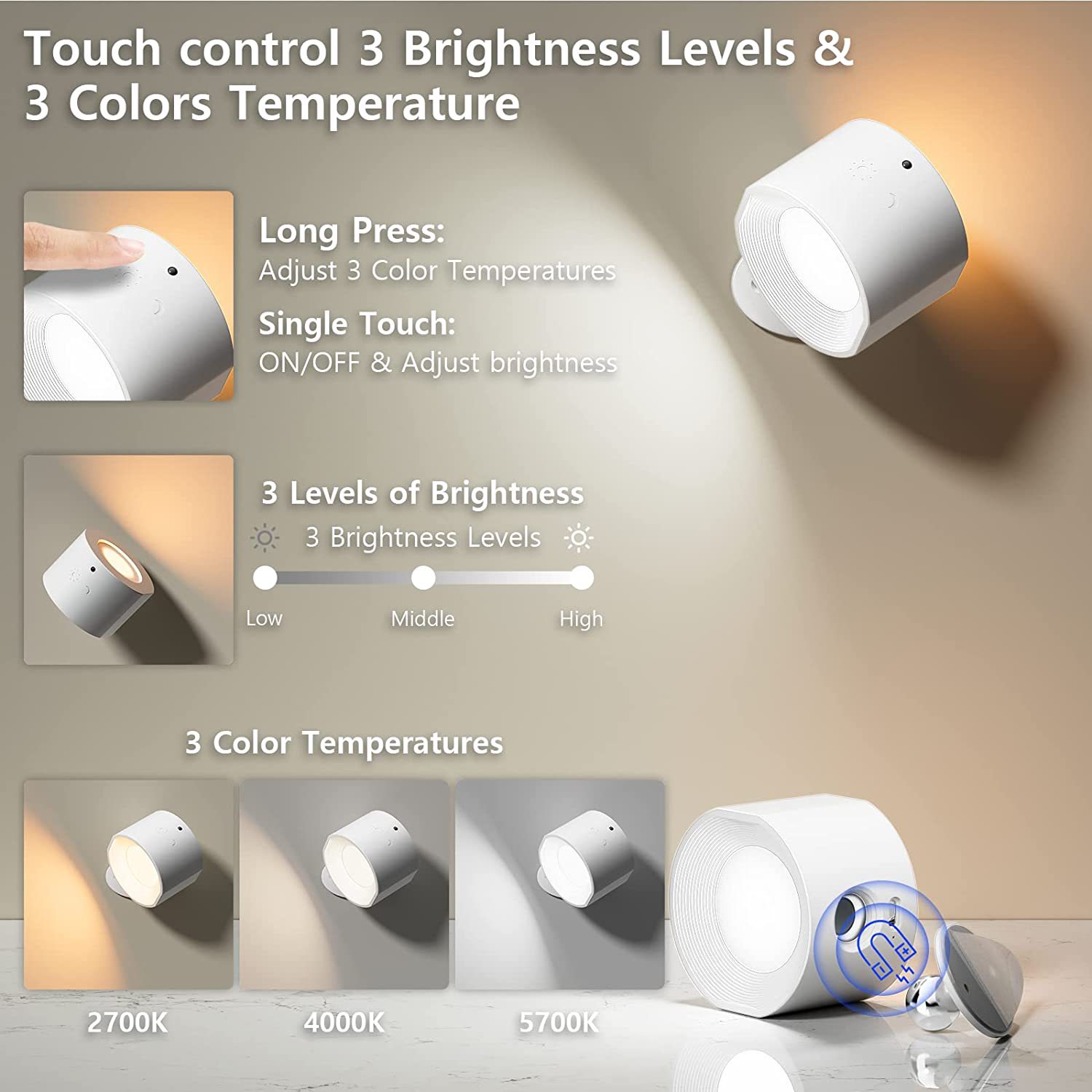 Luminária de parede magnética - preta