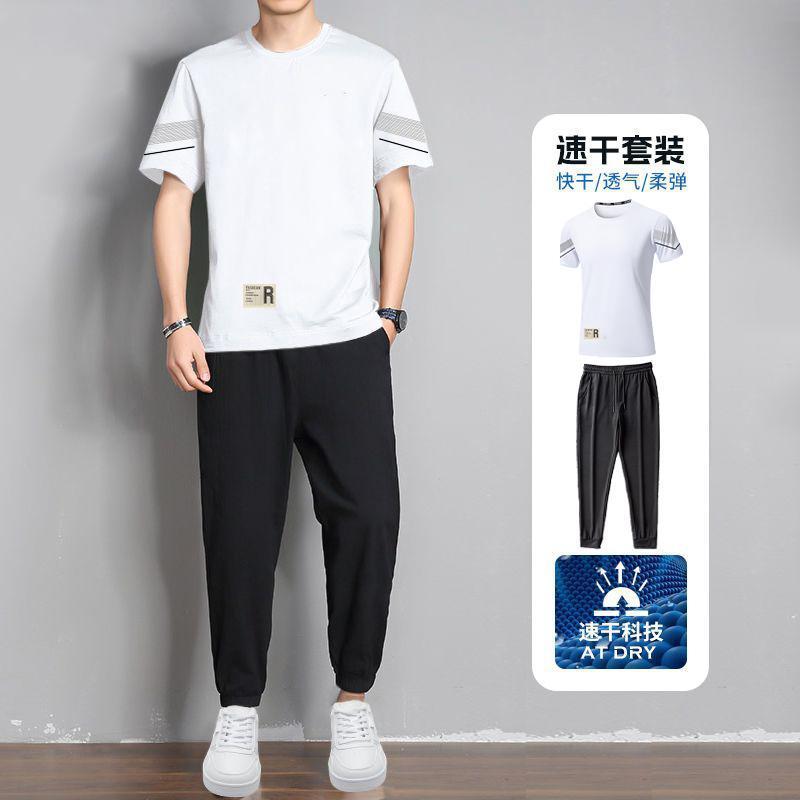 冰感休闲套装男士夏季透气速干弹力短袖长裤男圆领运动服套装男潮|undefined
