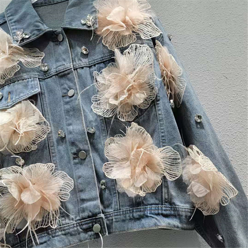 2026 primavera Han Fan lujo ligero temperamento dulce extranjero con solapa industria pesada chaqueta denim de flores de moda image 4