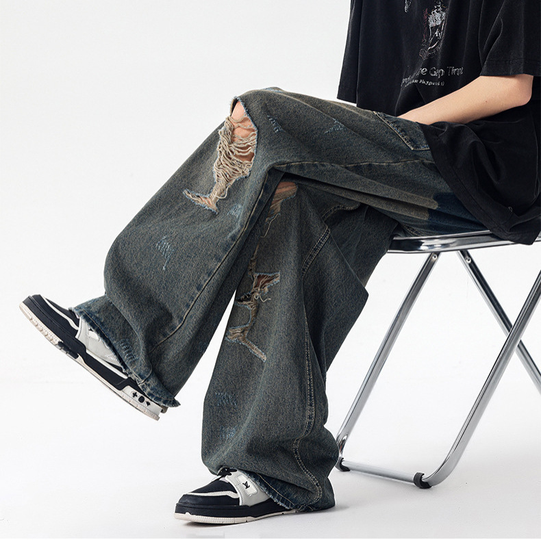 Reverse Wear Design Ripped Jeans Men's New Summer American Retro Straight Wide Leg Boys Casual Long Pants