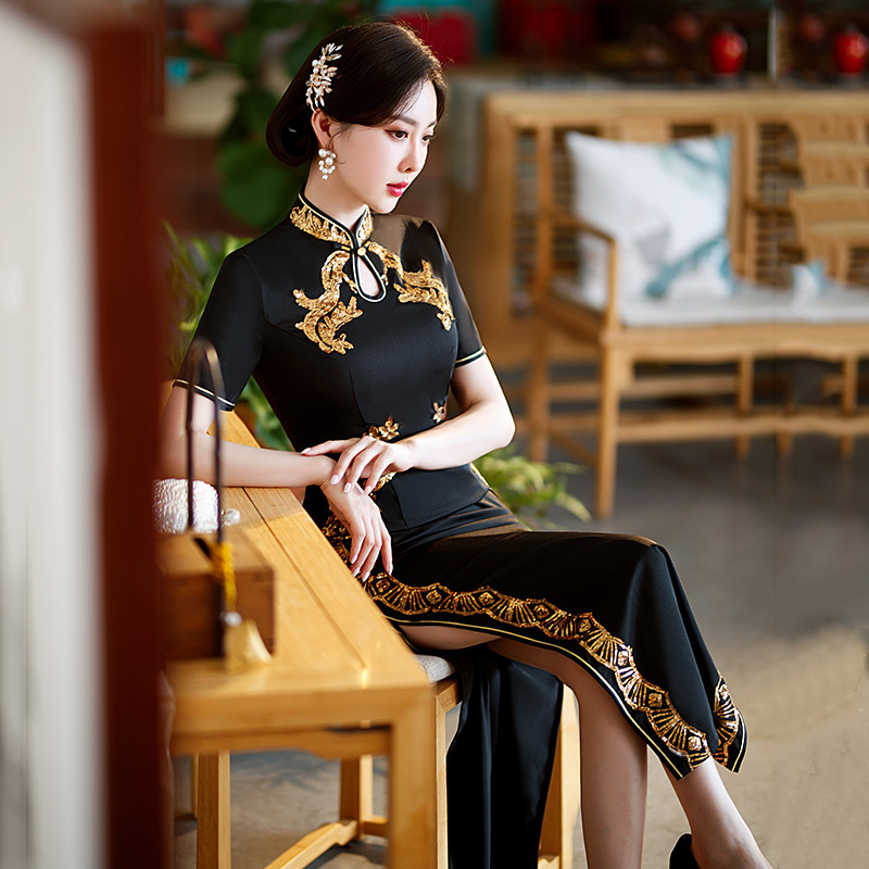 亮片走秀國風中式加長款改良旗袍年輕款女復古修身高級感禮服