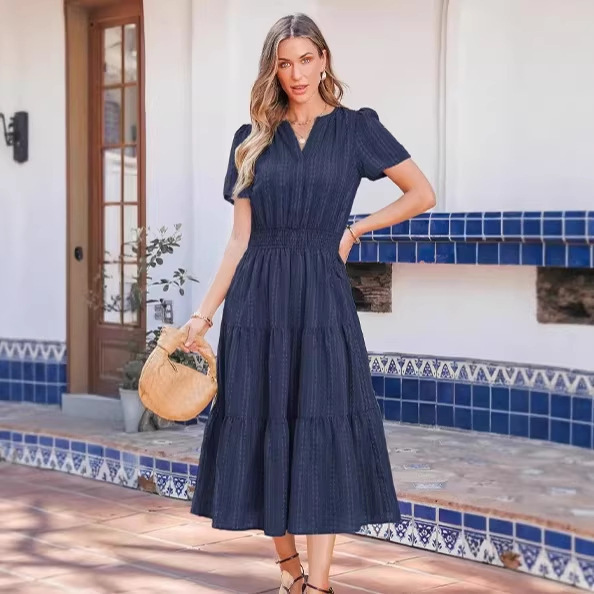 Summer New Amazon Cross-Border Short-Sleeve Dress with Large Hem and Puff Sleeves, Elegant Solid Color V-Neck Dress Summer New Amazon Cross-Border Short-Sleeve Dress with Large Hem and Puff Sleeves, Elegant Solid Color V-Neck Dress