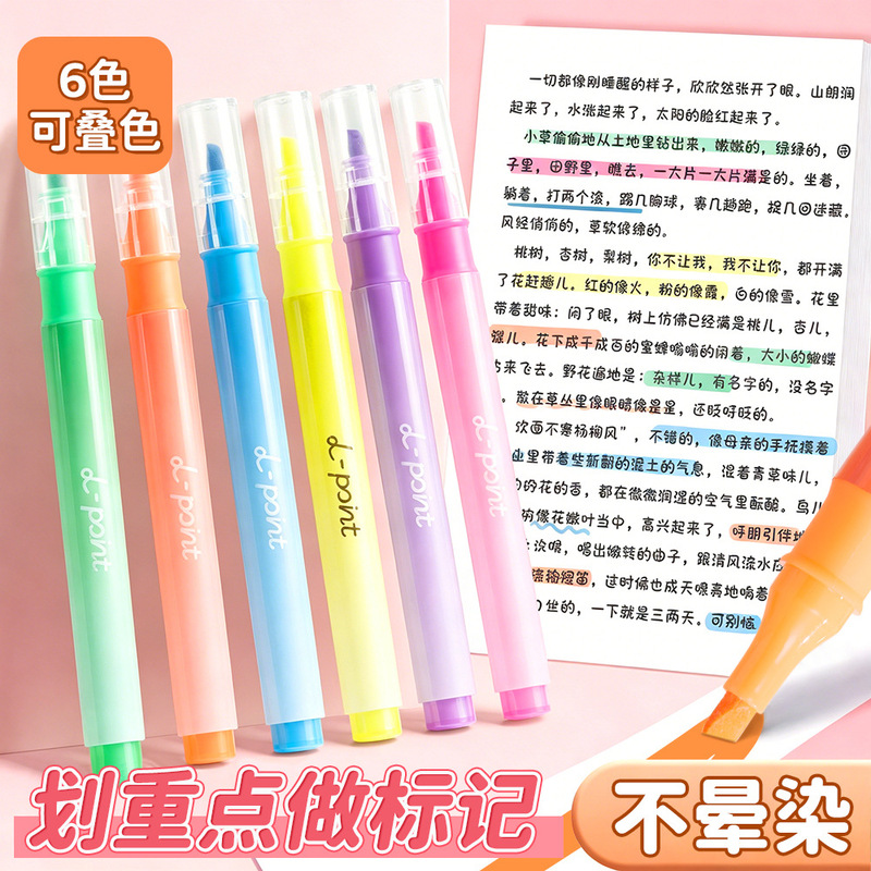 Pack of 6 Large-Capacity Fluorescent Pens in Macaron Colors, Non-Smudging, for Students' Textbooks, Slanted Tip Highlighter Markers, Wholesale Pack of 6 Large-Capacity Fluorescent Pens in Macaron Colors, Non-Smudging, for Students' Textbooks, Slanted Tip Highlighter Markers, Wholesale
