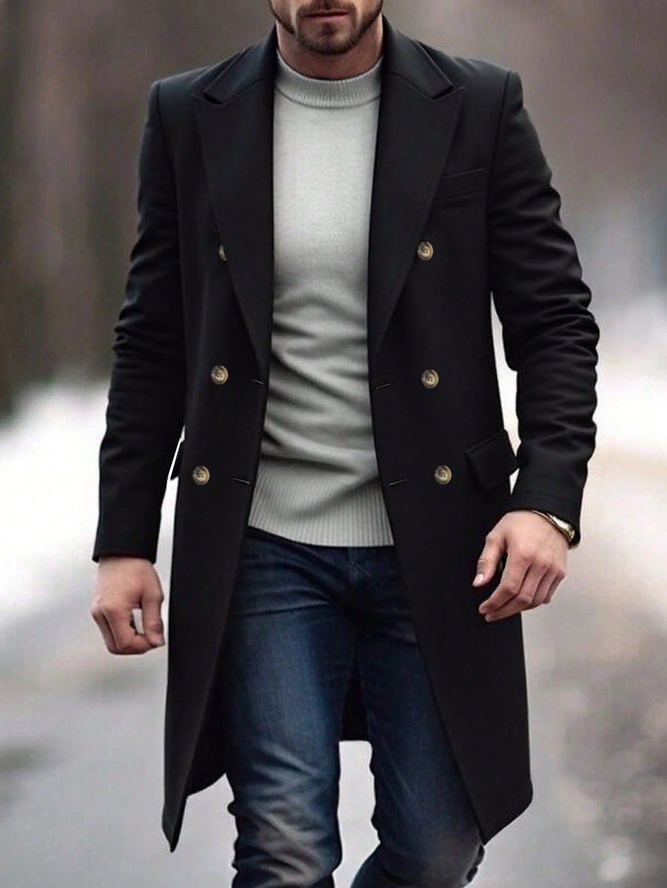 Abrigo de Lana Cruzado para Hombre, Otoño/Invierno 2025, Comercio Exterior Transfronterizo, Estilo Europeo y Americano, Abrigo de Lana, Amazon Temu