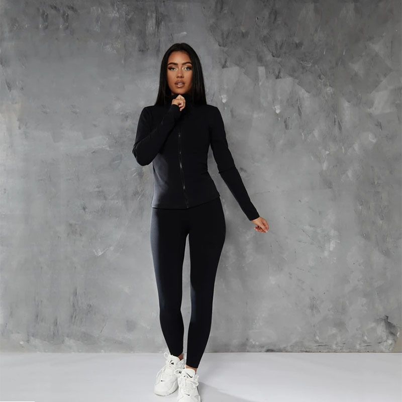 zipper solid color hip-lifting high-elastic long sleeve high waist top and pant yoga set NSBDX132801