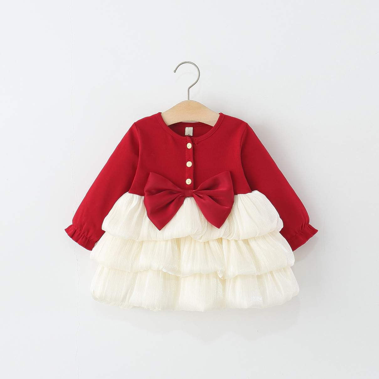 2025年秋季新款大蝴蝶结千层水母裙 女童长袖大蝴蝶结公主连衣裙