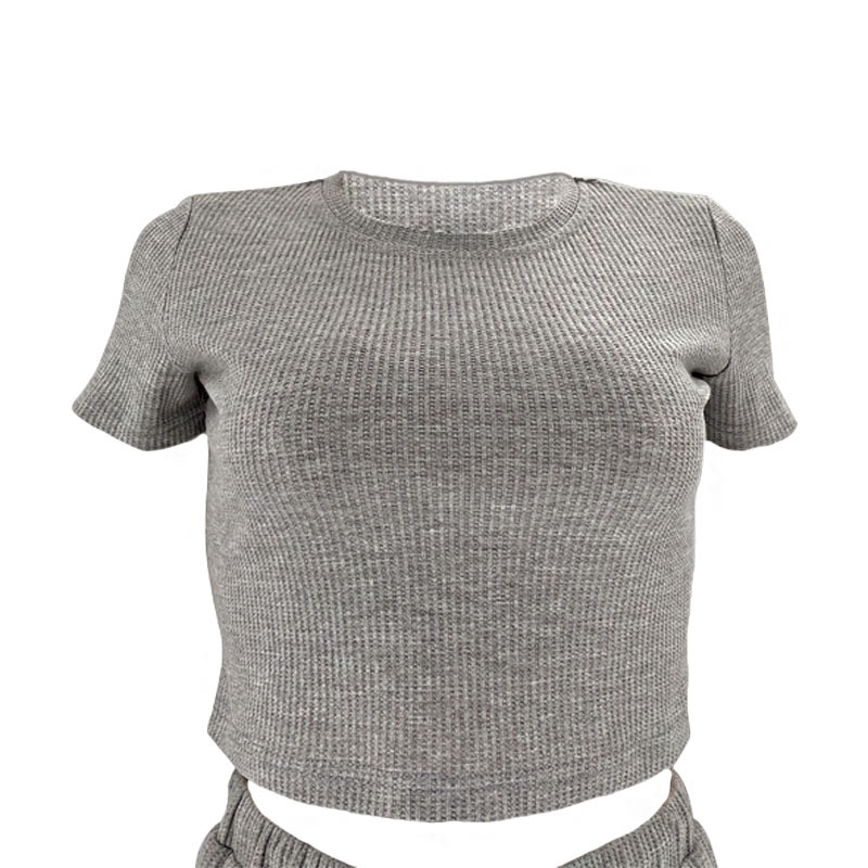 Spring Summer Solid Color Waffle round Neck Short Sleeve Women Clothing Casual Trousers Sets 14 Spring Summer Solid Color Waffle round Neck Short Sleeve Women Clothing Casual Trousers Sets
